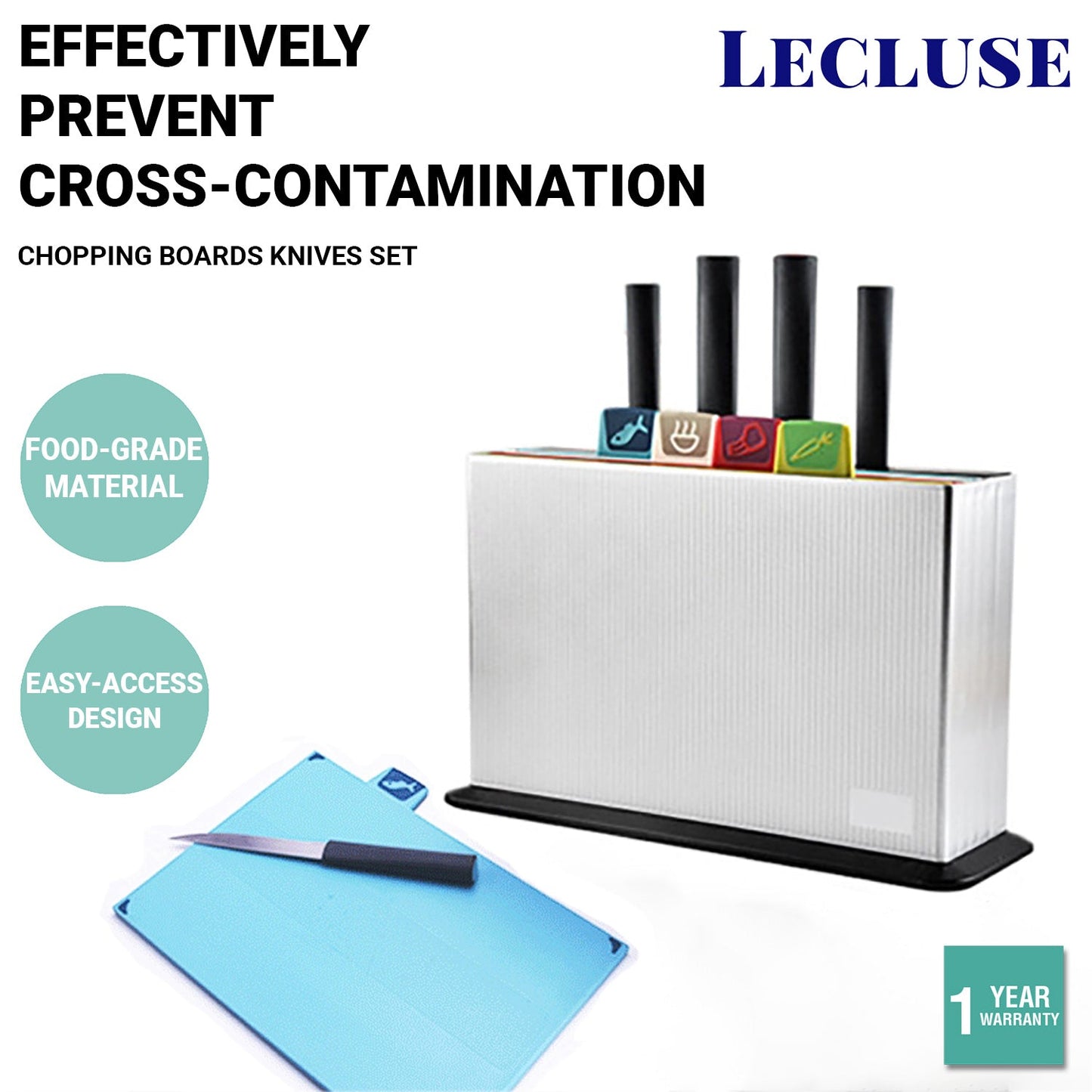 Lecluse Chopping Boards Knives Set Kitchen Cutting Base Stand Rack Non-Slip
