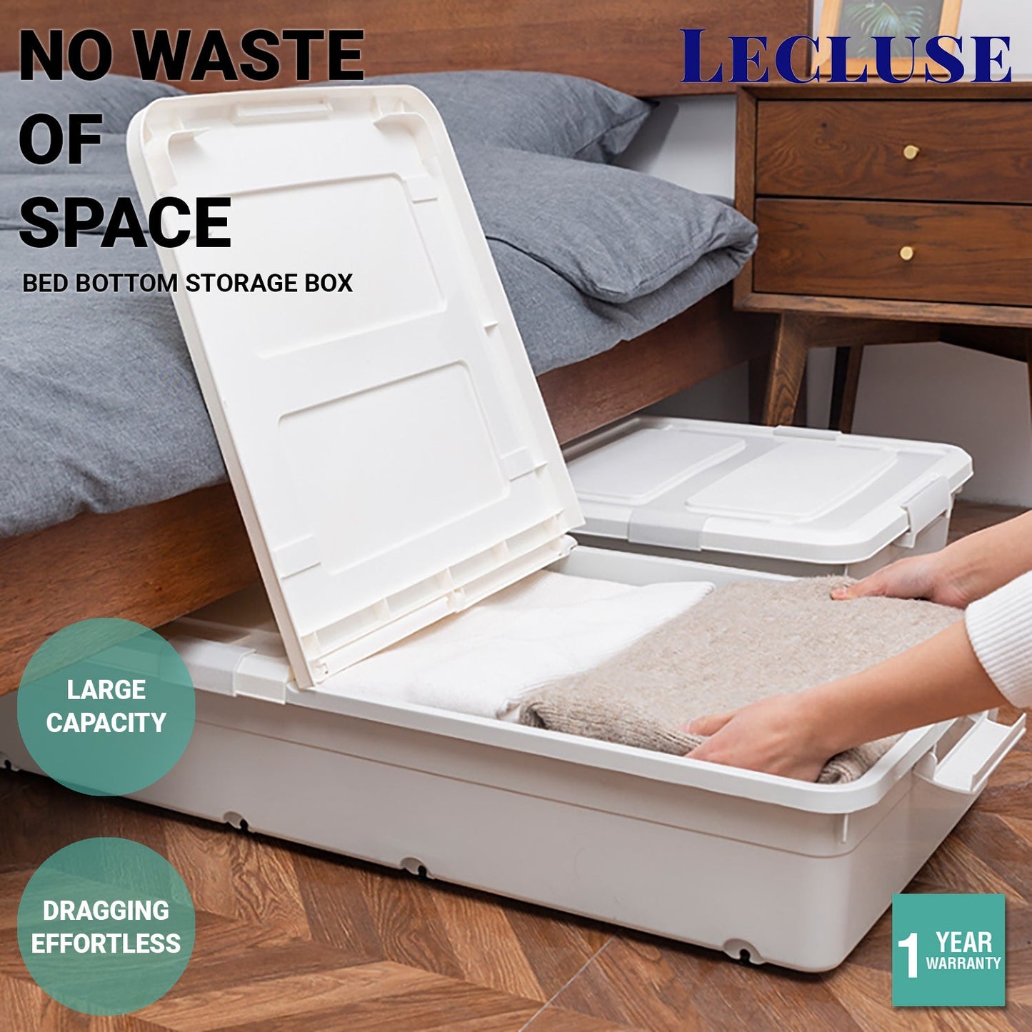 Lecluse Bed Bottom Storage Box Under-Bed Case Container Organizer Pully Wheel PP
