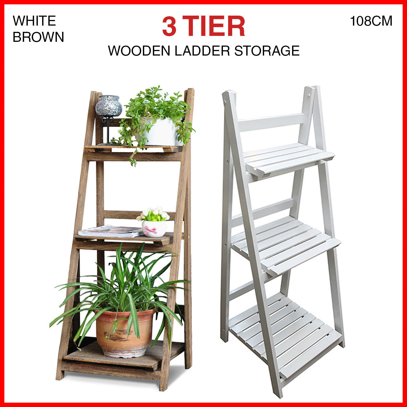Wooden Ladder Shelf 3 Tier Plant Flower Storage Shelves Multi CD Book Folding
