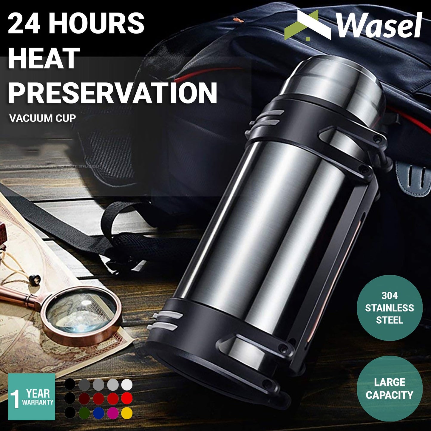 Wasel Stainless Steel Vacuum Cup Thermos Water Flask Large Capacity Travel 2.5L