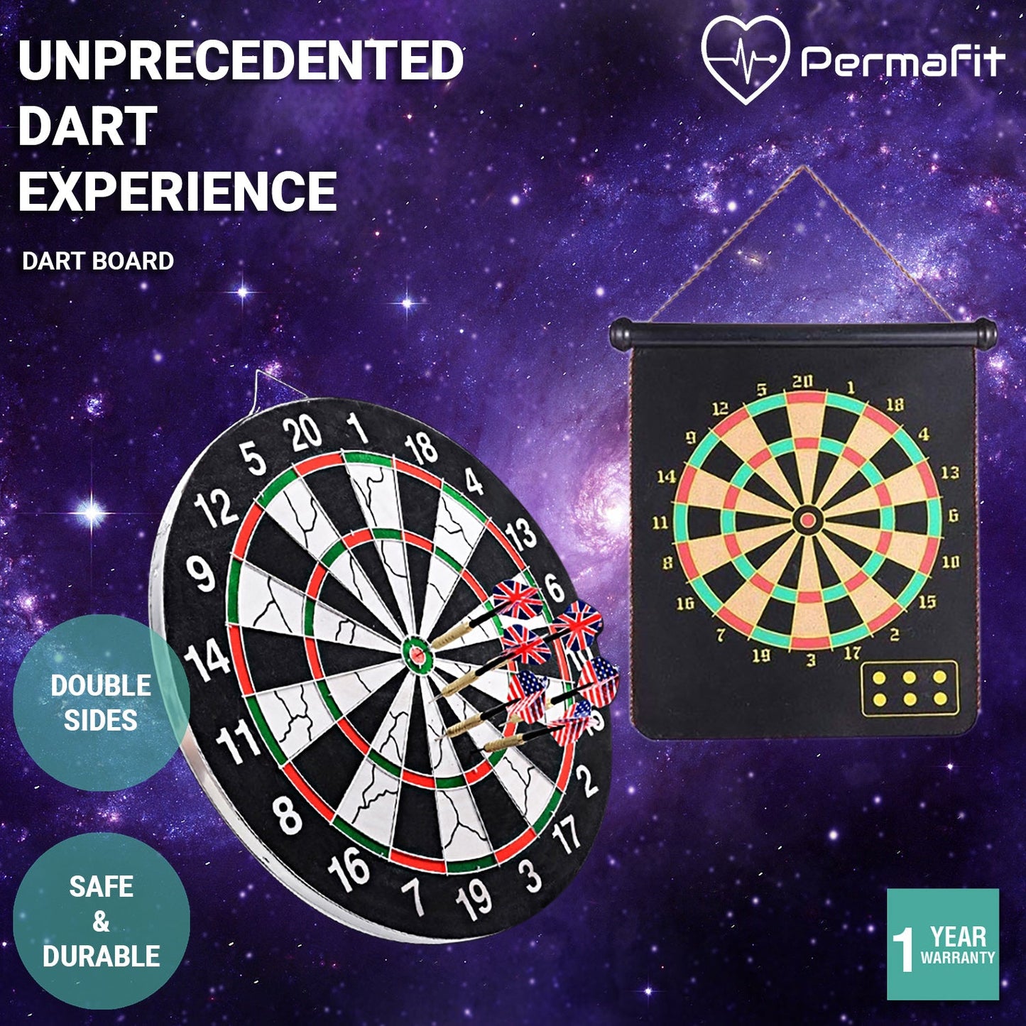 Permafit Dart Board Double Sides Professional Competition Set Rollup Magnetic