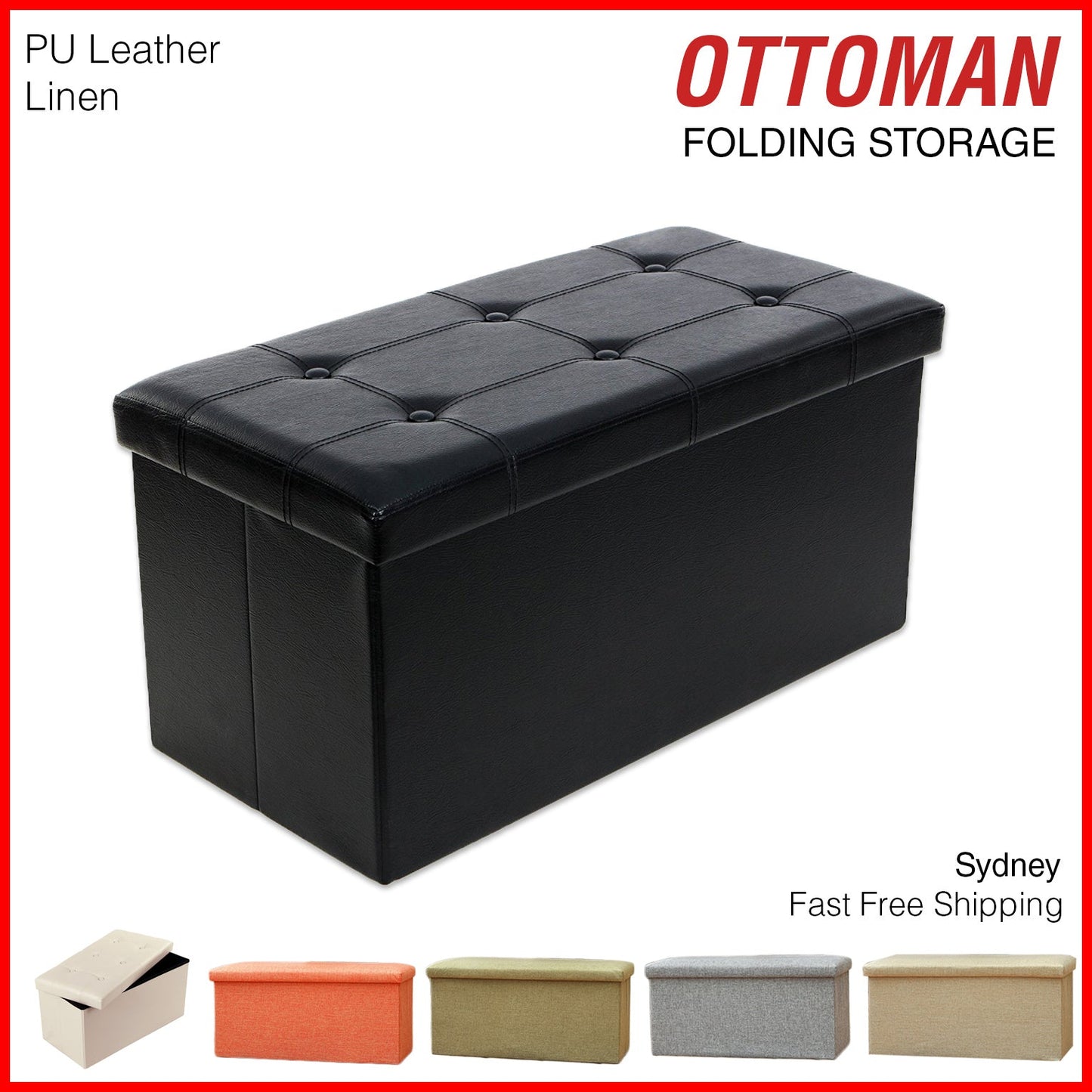 Folding Ottoman Storage Blanket Box Footstool Stool Cube Pouf Faux Leather Linen