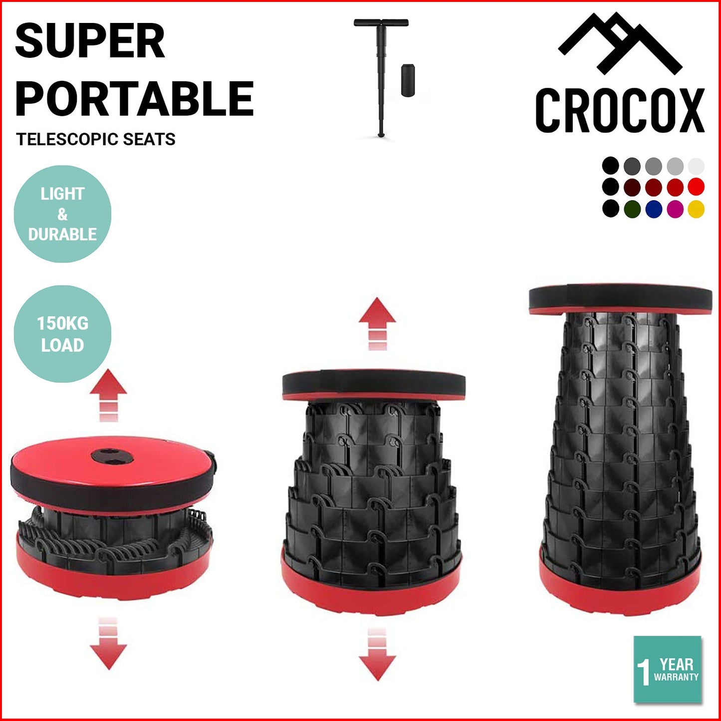 Crocox Portable Folding Stool Camping Telescopic Chair Stand Bar Step Travel Fis
