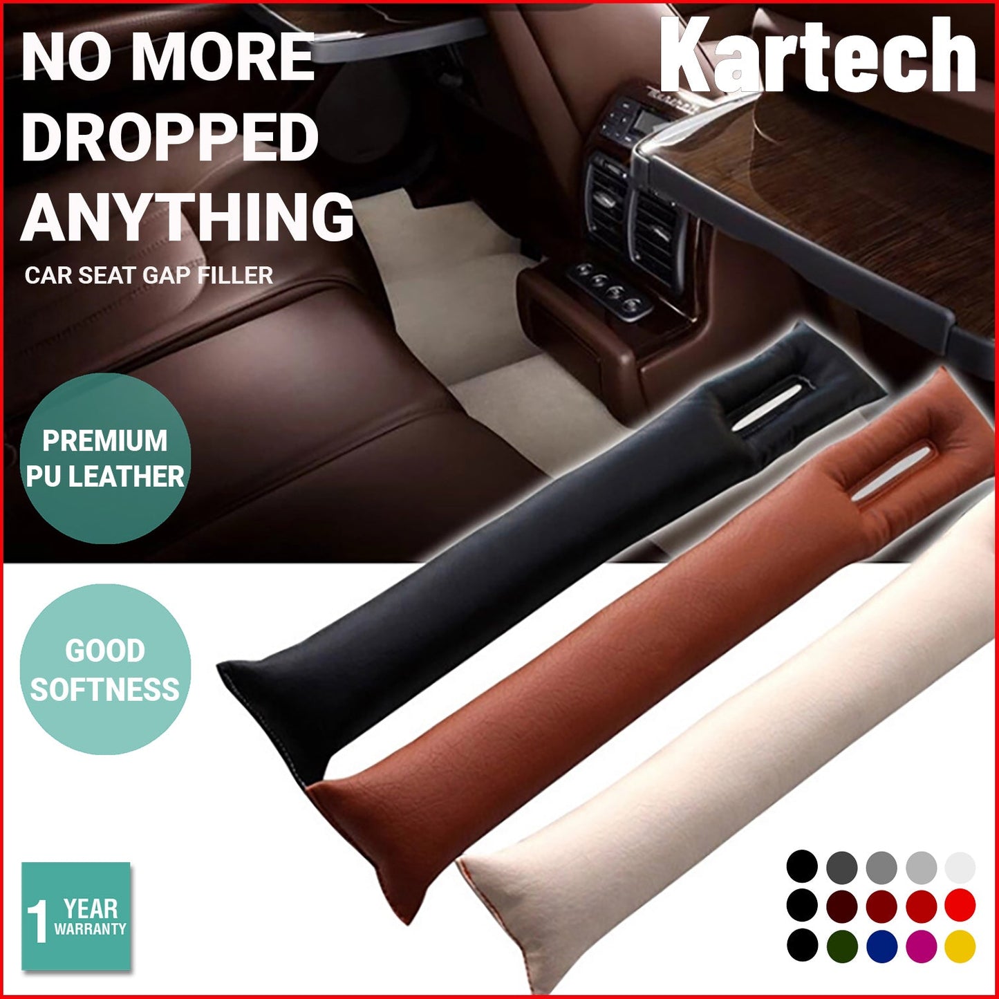 2x Kartech Car Seat Gap Filler Leakproof Blocker PU Leather Spacer Protector