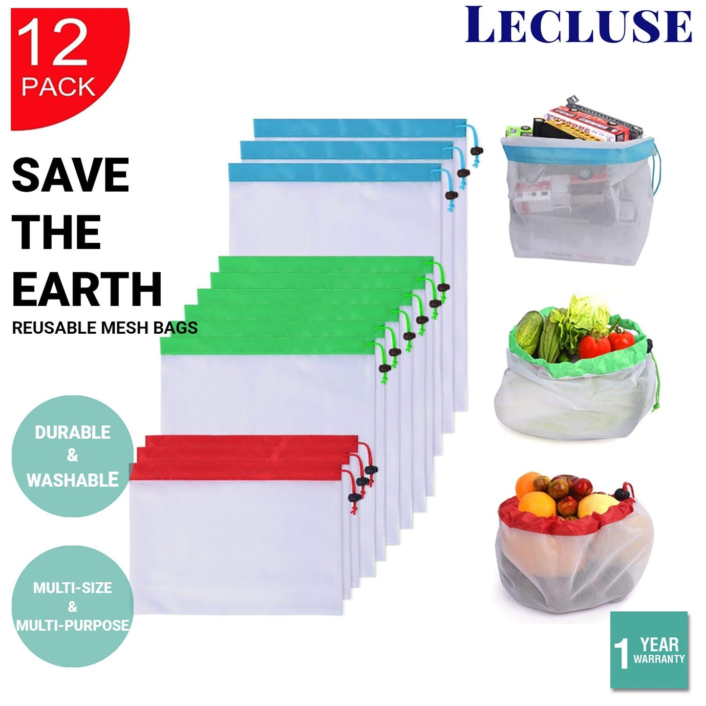 Lecluse 12Pcs Reusable Mesh Bags Produce Vegetable Fruit Toy Storage Pouch