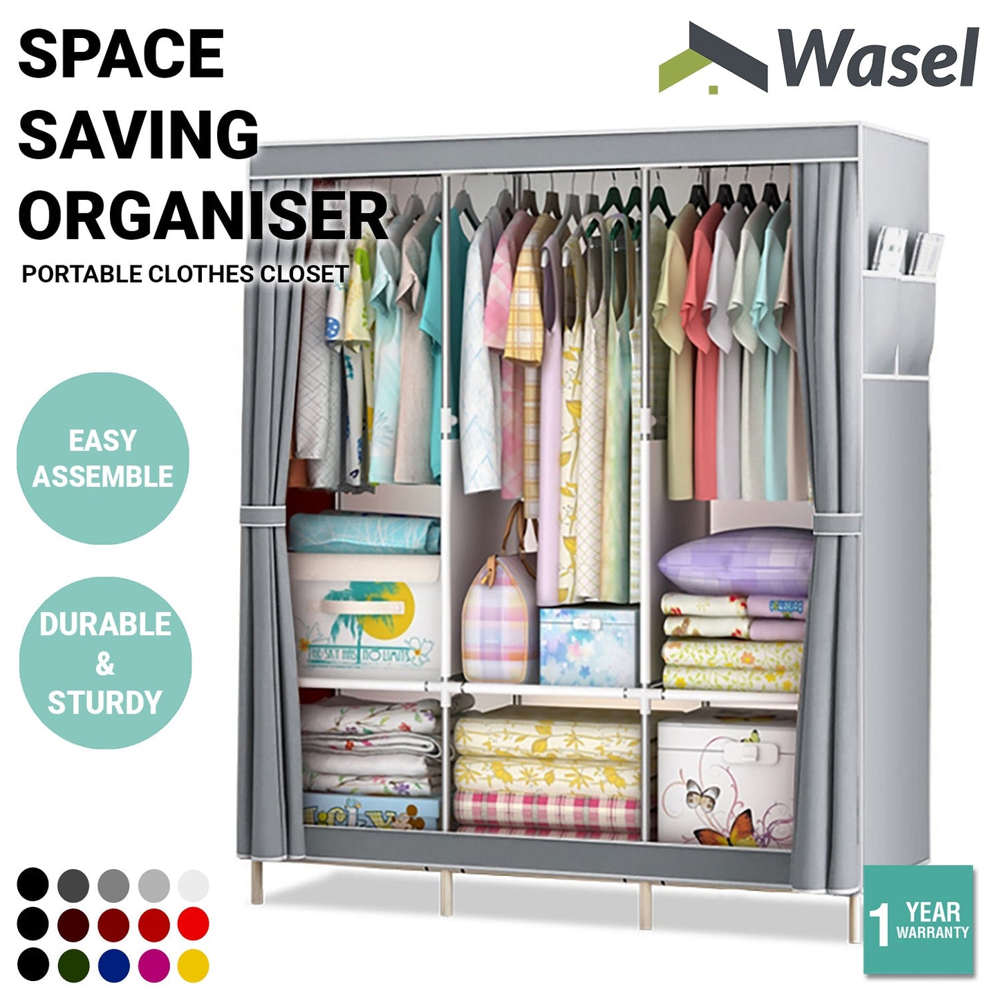 Wasel Portable Clothes Closet Large Wardrobe Storage Organiser Shelf Cabinet