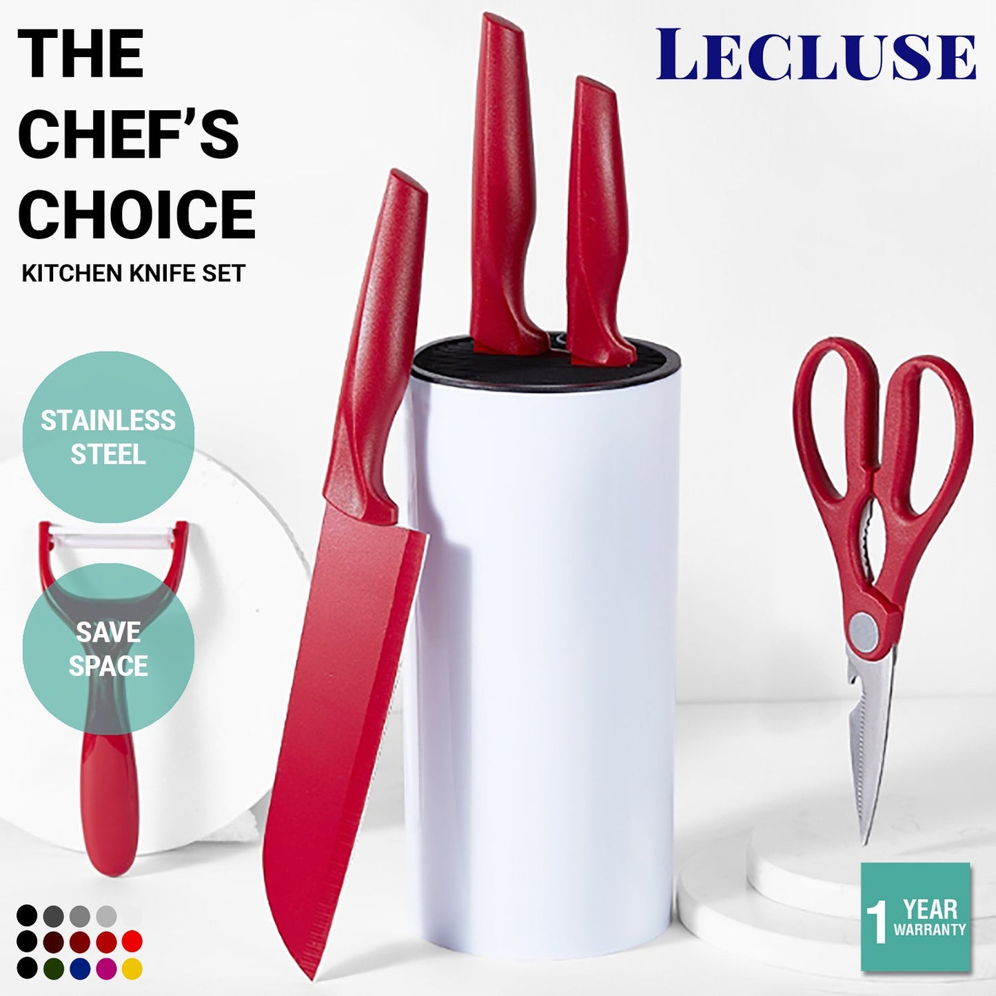 Lecluse Kitchen Knife Set Chef 5Pcs Block Cooking Cutting Peeler Scissors