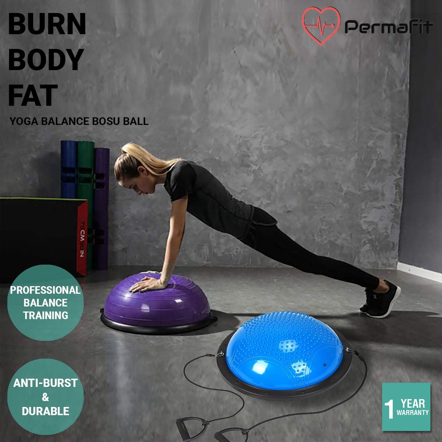 Permafit Yoga Bosu Balance Ball Gym Training Exercise Fitness Core Pilates Half