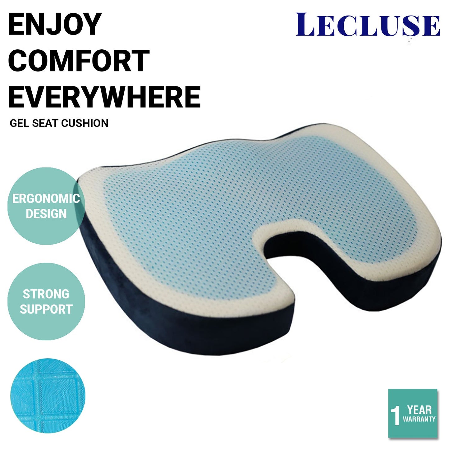 Lecluse Gel Seat Cushion Memory Foam Back Support Cooling Seat Non-Slip Soft
