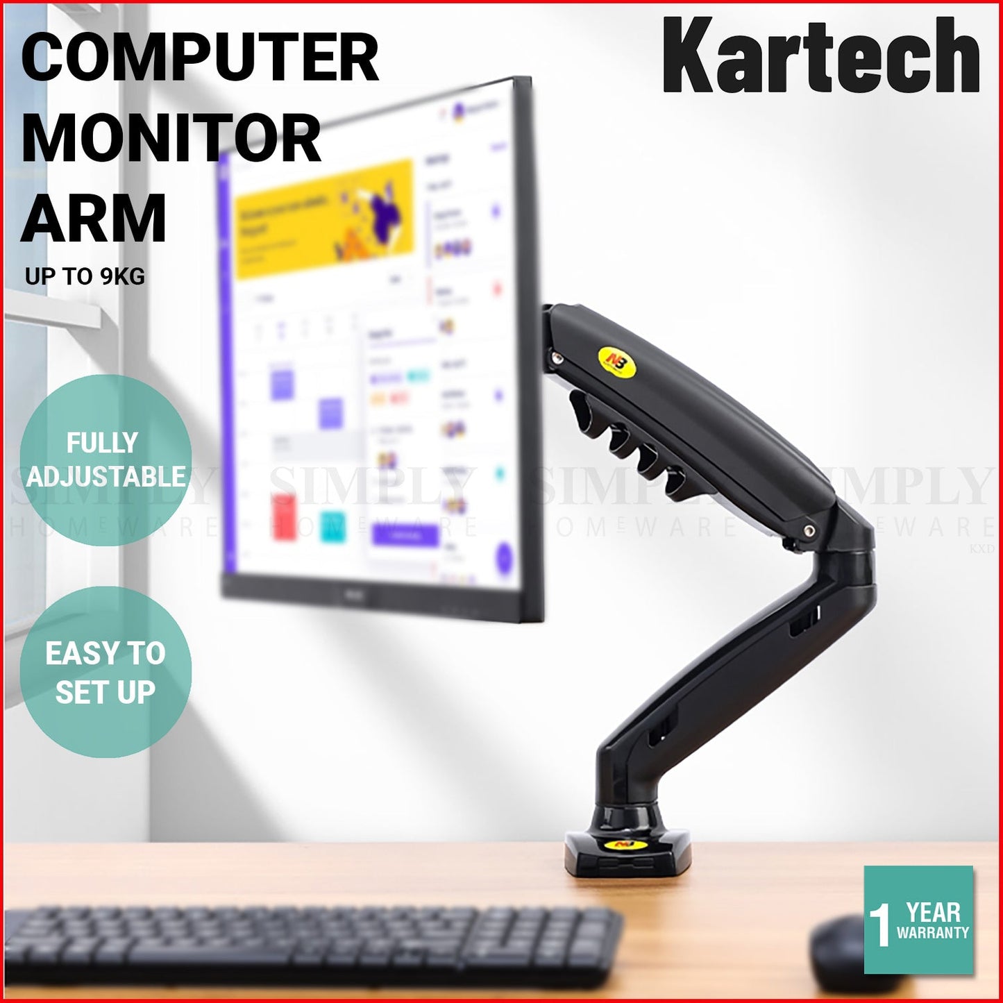 Kartech Computer Monitor Arm LCD Holder Screen Bracket Display Single Stand VESA