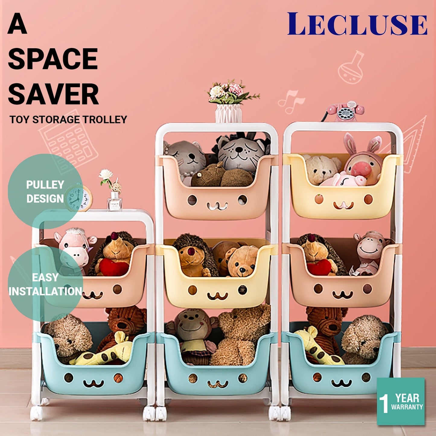 Lecluse Toy Storage Trolley Rolling Cart Kitchen Bathroom Organiser 2/4 Tier