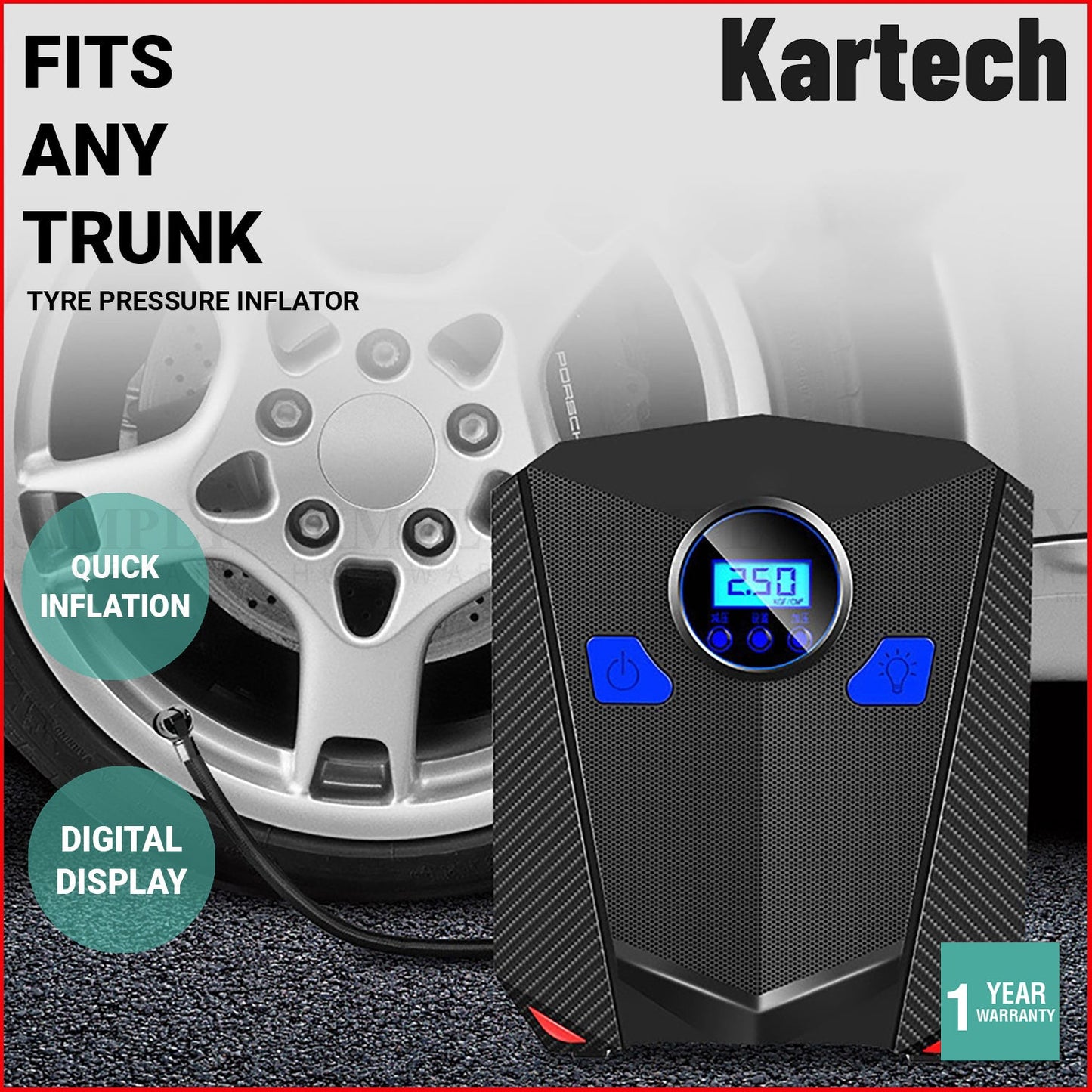 Kartech Tyre Pressure Inflator Car Tire Air Compressor Auto Pump Digital Gauge
