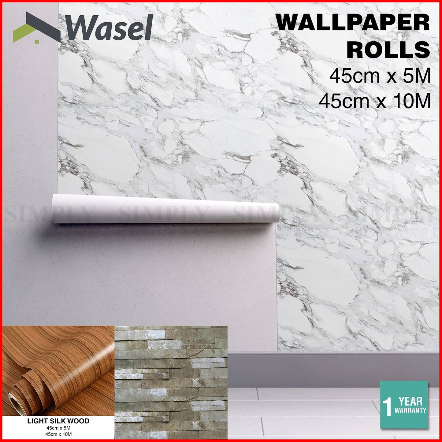 Wall Paper Rolls Marble Wood Brick Adhesive Home Wallpaper Decal Brown Stone - Simply Homeware
