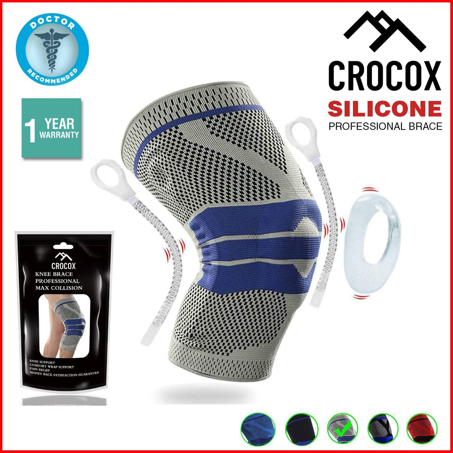 Crocox Knee Braces Support Strap Compression Sleeve Silicone Pad M L XL Adult
