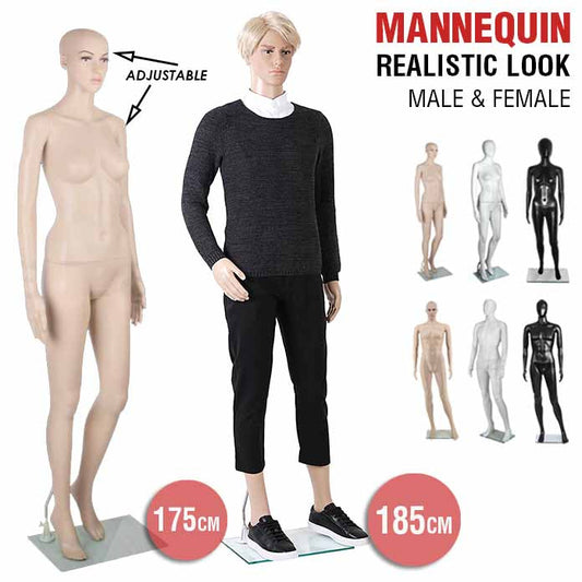 Full Body Mannequin Female Male Clothes Display Torso White Black Adjustable 185 - Simply Homeware