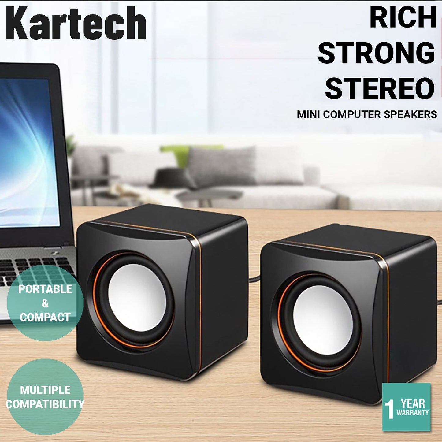 2x Kartech Mini Computer Speakers USB 2.0 Multimedia Music Stereo Desktop Sound