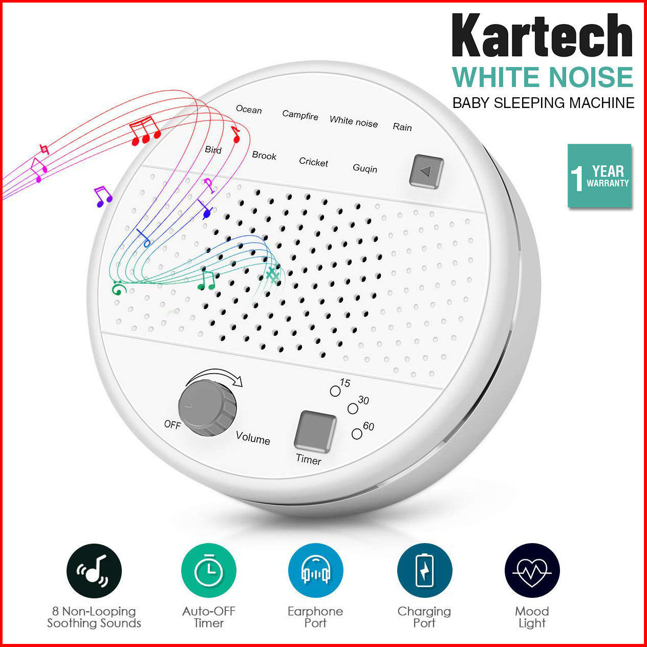 Kartech White Noise Sleep Machine Baby Sound Generator Therapy Relax Nature Aid