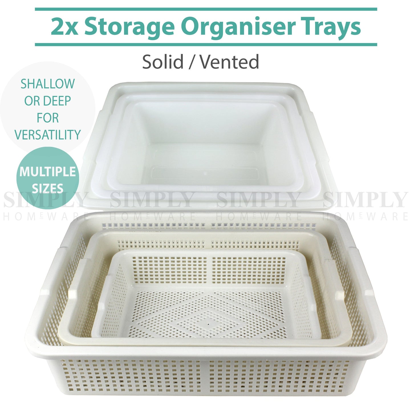2x Storage Tray Basket Plastic Organiser Trays Tub Container Organizer White - Simply Homeware