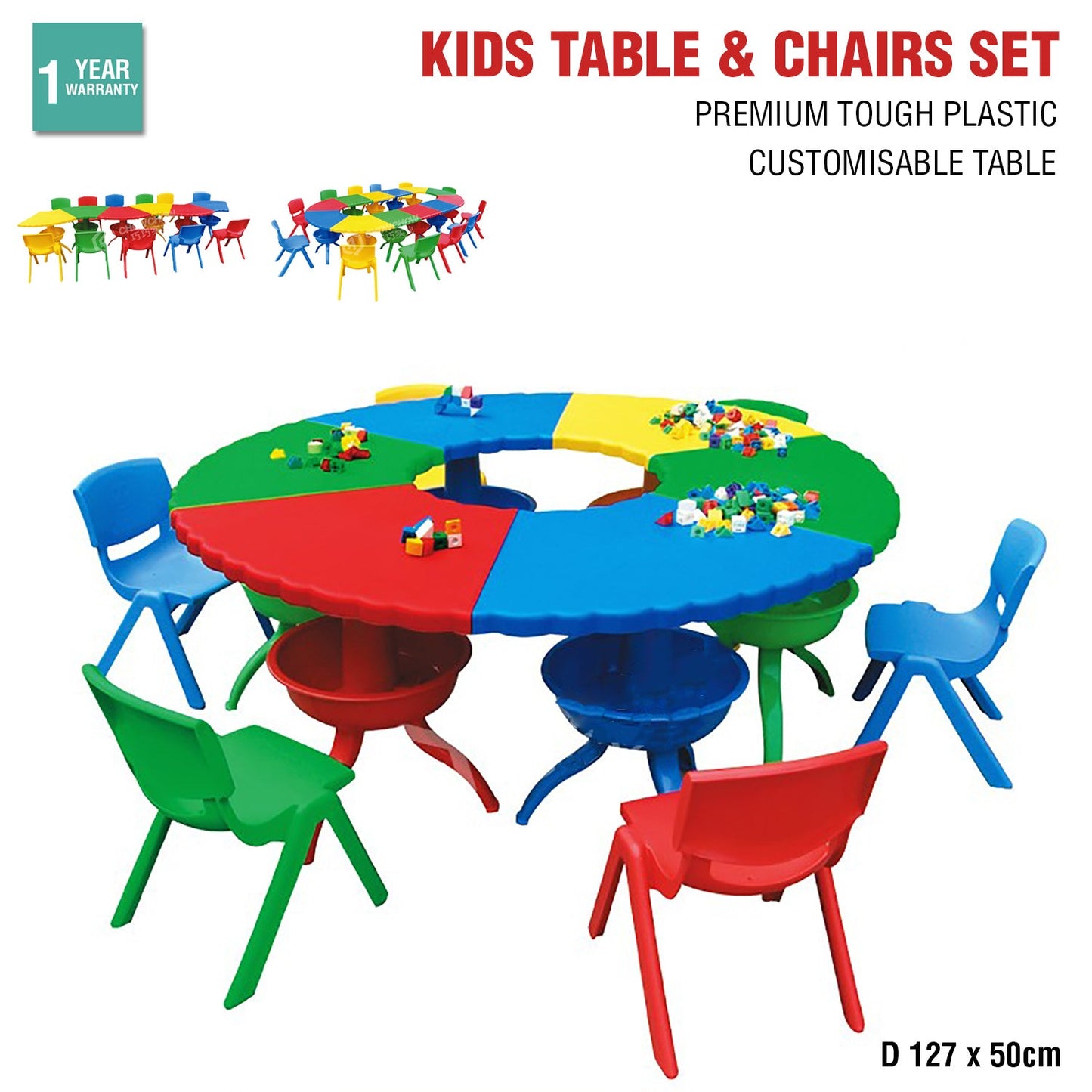 Kids Table and Chair Set Children Activity Toddler Large Plastic 6 Chairs 127x50