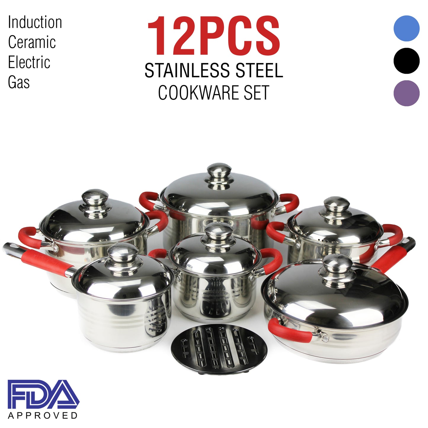 Stainless Steel Induction Ceramic Cookware Set Casserole Frypan Saucepan 12 Pcs