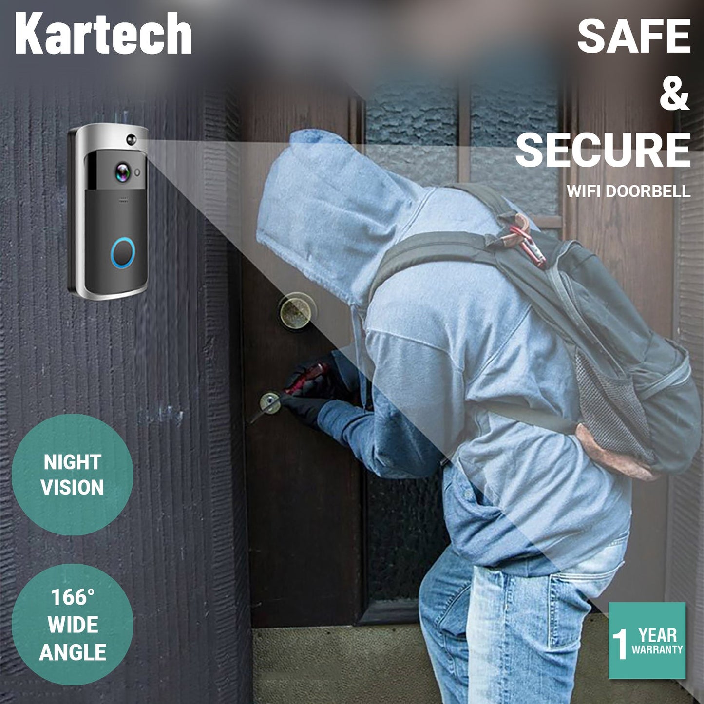 Kartech Wireless Door Bell Camera Smart Intercom Wifi Video Monitor Waterproof