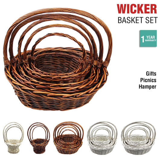 Wicker Basket Set Cane Hamper Picnic Handle Small Large White Brown Vintage Gift