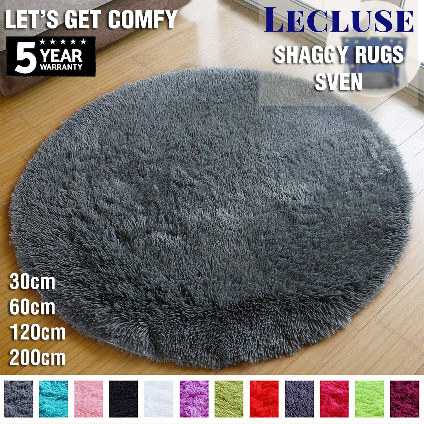 Lecluse Rugs Round Shaggy Floor Carpets Extra Large Lounge Couch Non Slip Area