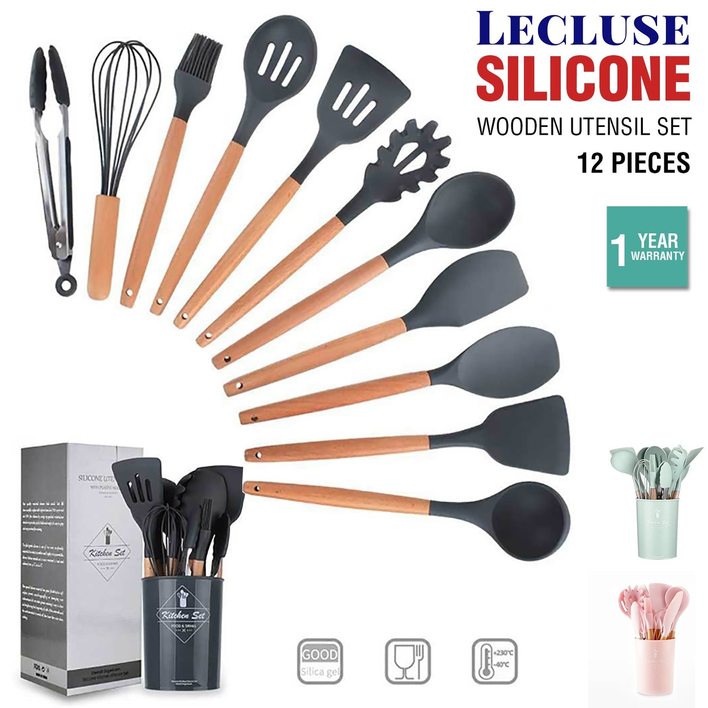 Set of 12 Silicone Utensils Set Wooden Cooking Kitchen Baking Cookware BPA Free