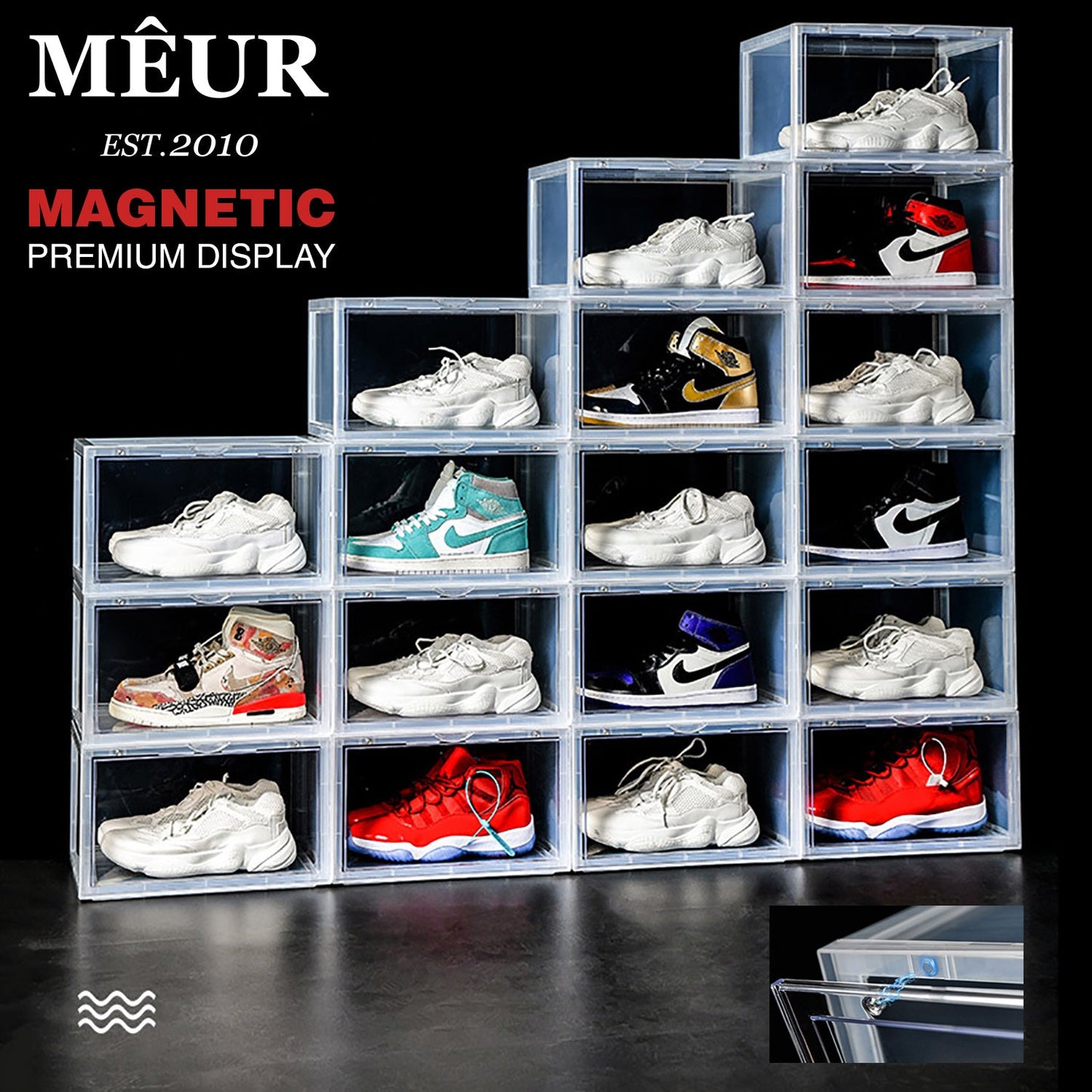 Meur Sneaker Display Cases Magnetic Shoe Box Storage Stackable Clear Rack Cubes