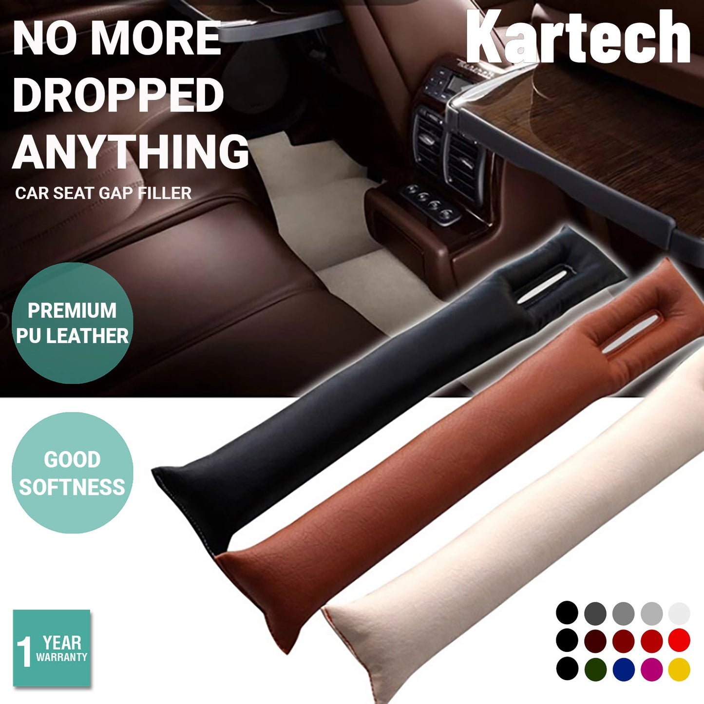 2x Kartech Car Seat Gap Filler Leakproof Blocker PU Leather Spacer Protector