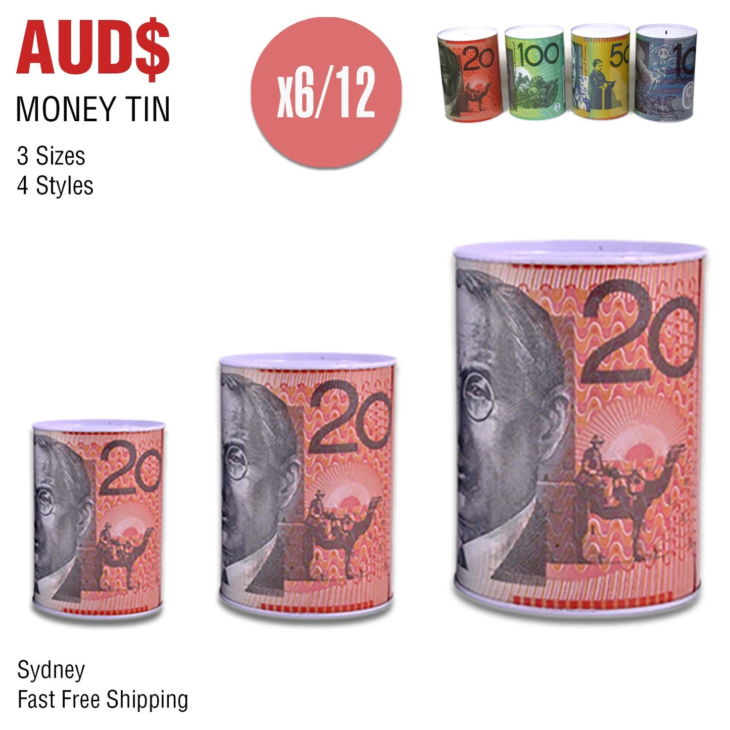 Money Tin Australian Box Jar Piggy Bank Coin 10 20 50 100 Dollar Notes OZ Large