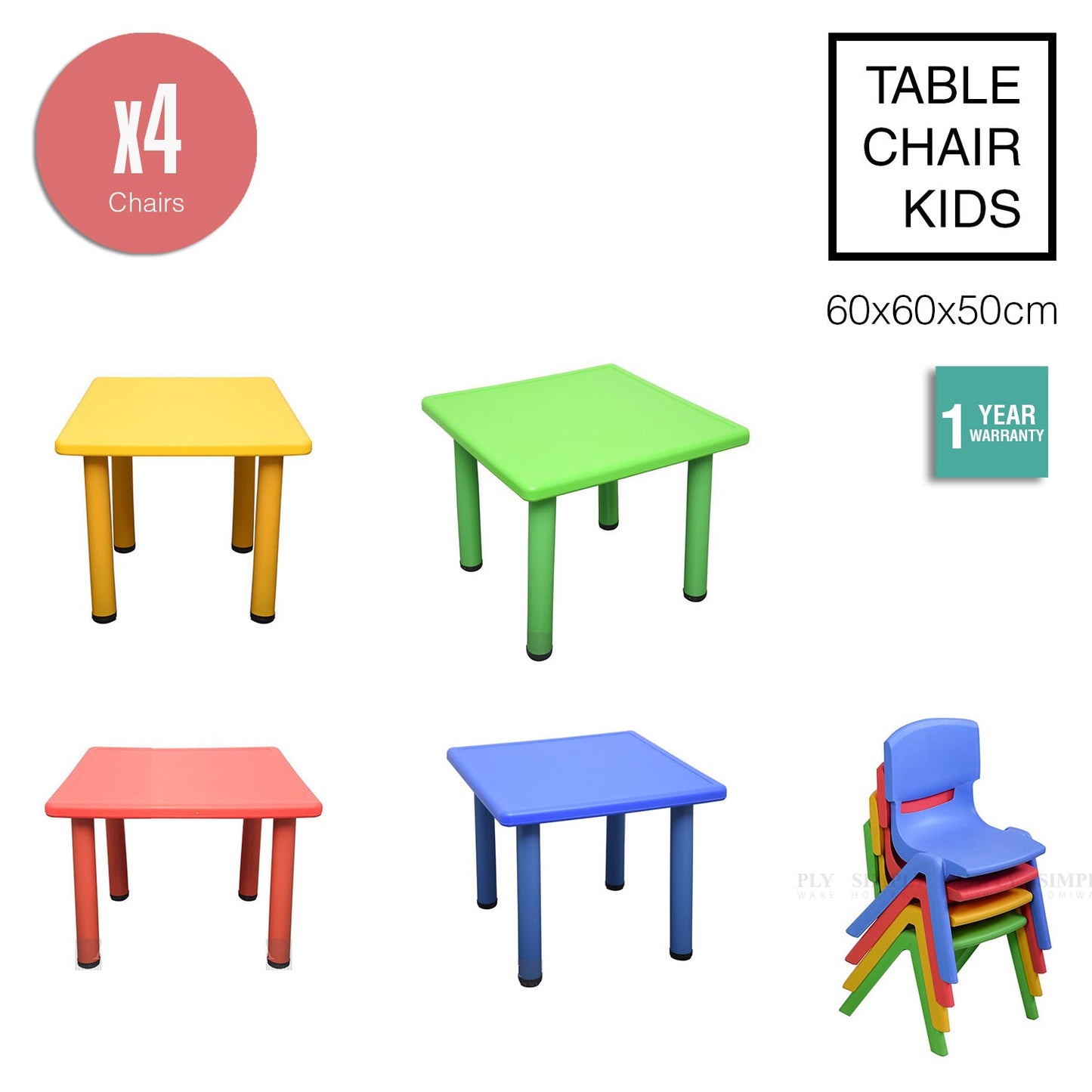 Kids Table Children 4 Chairs Plastic Activity Set Play Outdoor Large Red 60x60cm