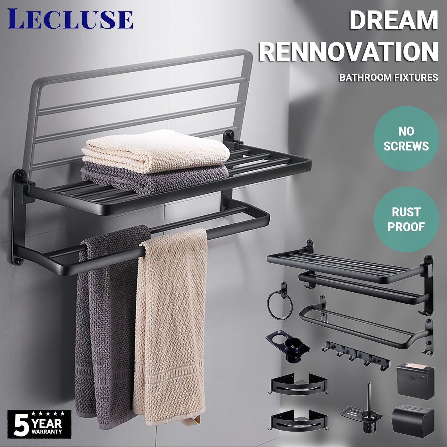 Lecluse Bathroom Accessories Black Set Towel Rack Shelf Storage Hand Rail Caddy