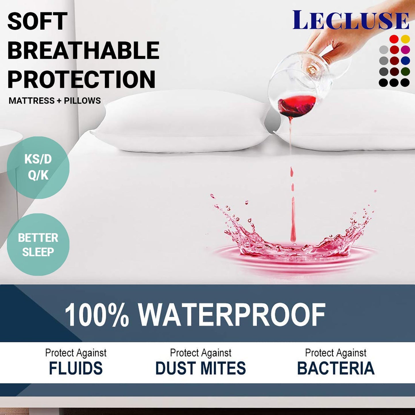 Lecluse Waterproof Bed Sheets Mattress Protector Pillow Cover Single Queen King