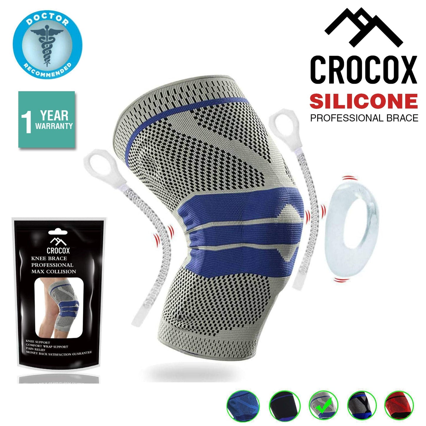 Crocox Knee Braces Support Strap Compression Sleeve Silicone Pad M L XL Adult
