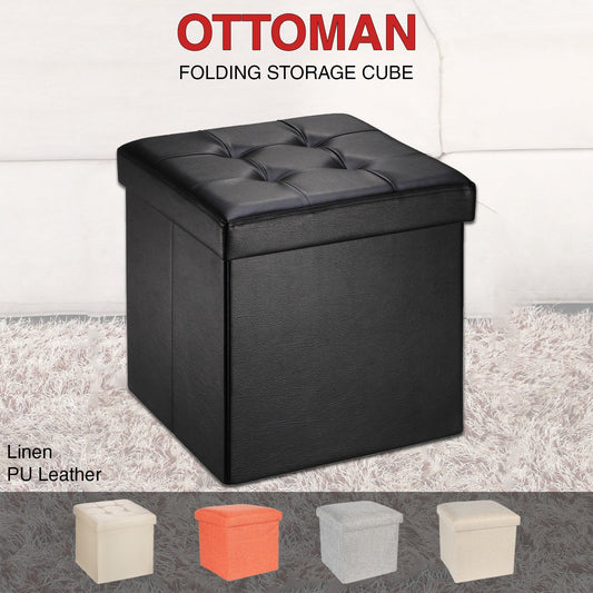 Folding Ottoman Storage Cube Footstool Stool Blanket Box Pouf Faux Leather Linen