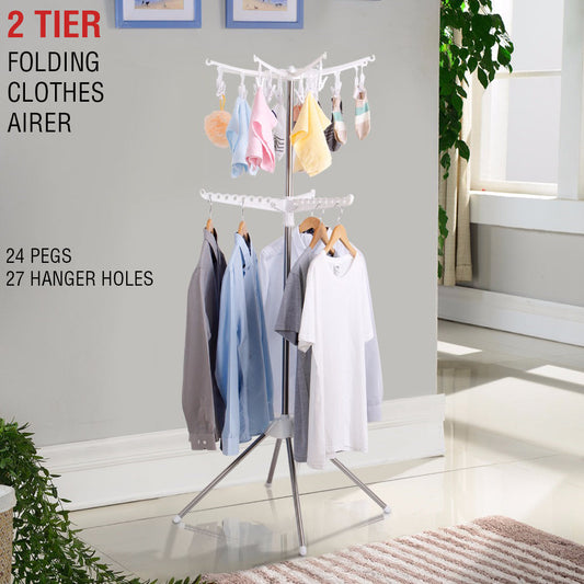 Clothes Line Airer Rack Indoor 2 Tier Steel 20m Drying Space Foldable Portable