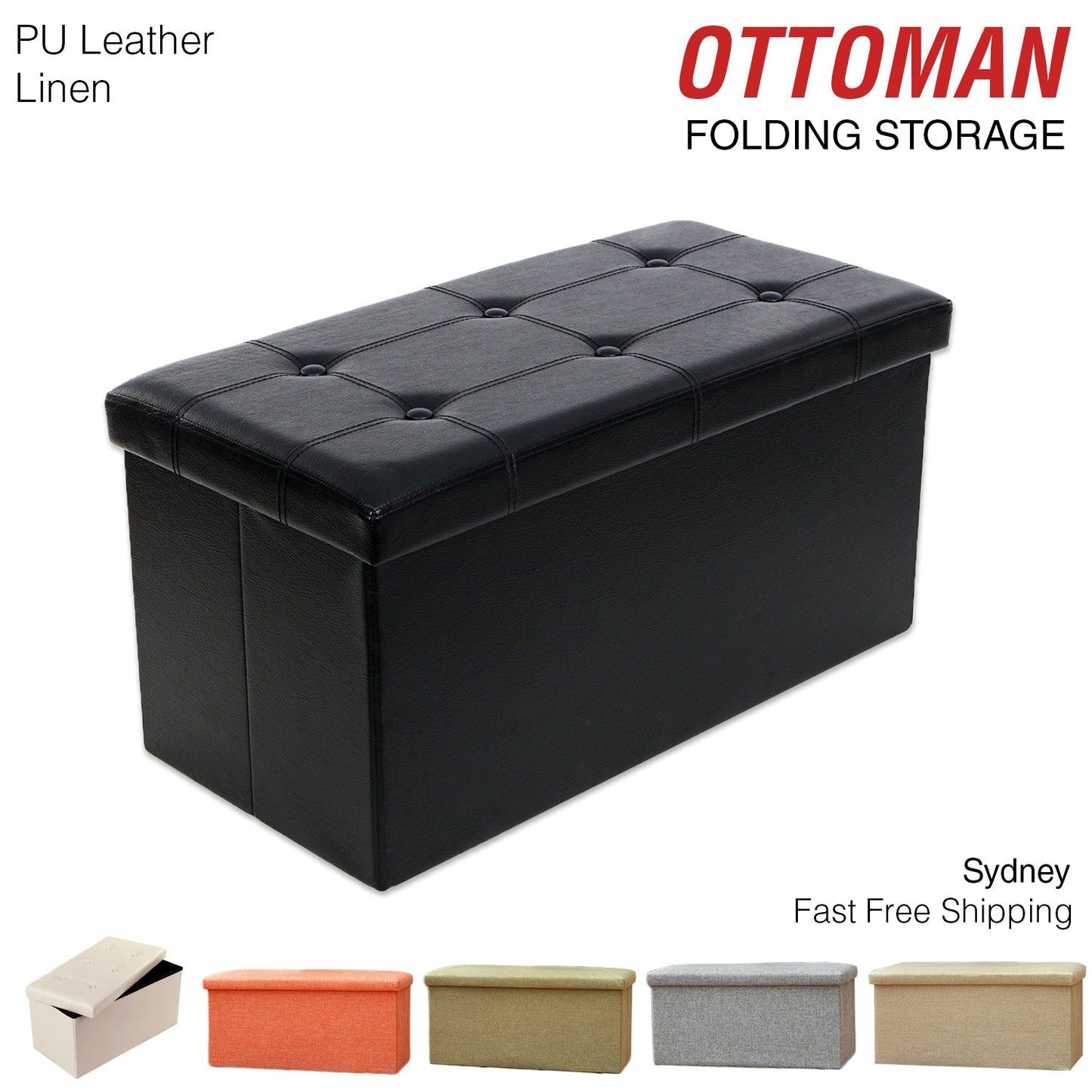 Folding Ottoman Storage Blanket Box Footstool Stool Cube Pouf Faux Leather Linen