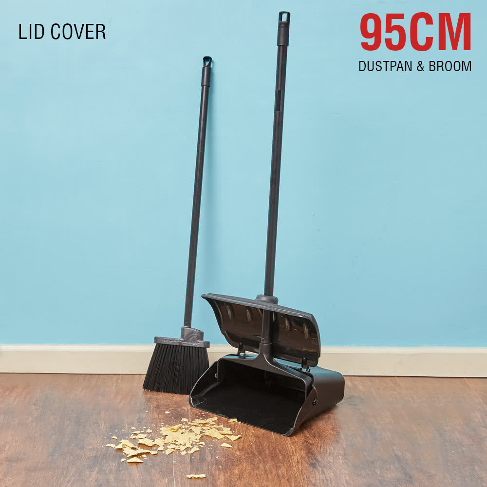 Dustpan and Brush Broom Set Dust Pan Long Black Sweep Lobby Garden Lid Cover 95