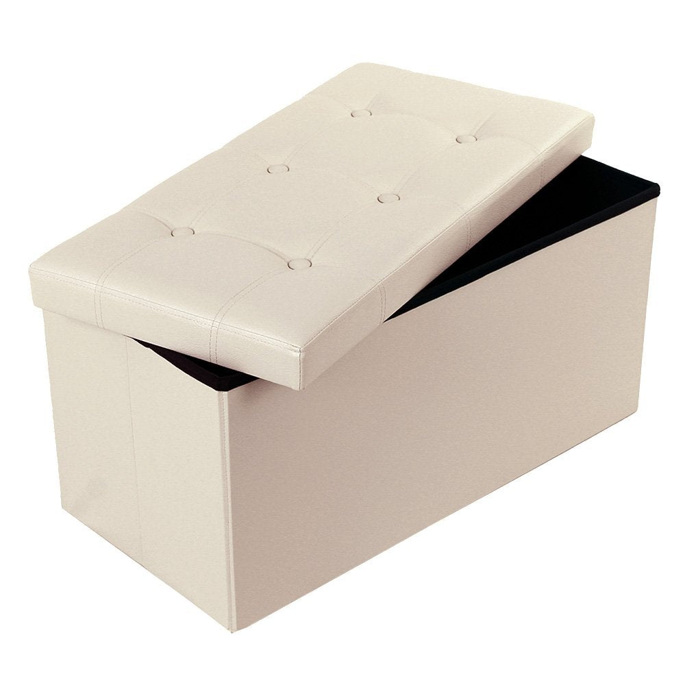 Folding Ottoman Storage Blanket Box Footstool Stool Cube Pouf Faux Leather Linen