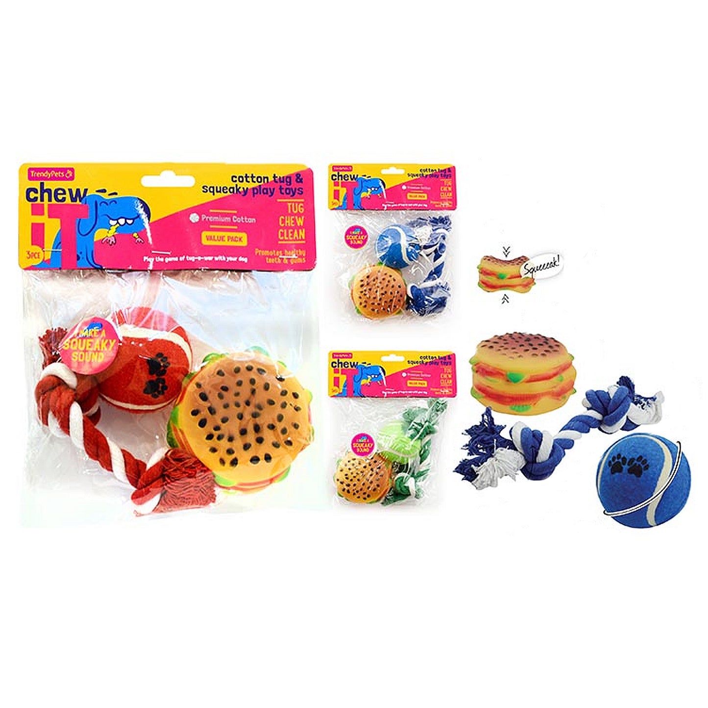 Dog Chew Toys 3pcs Dental Play Squeak Sound Ball Rope Burger Toy TrendyPets