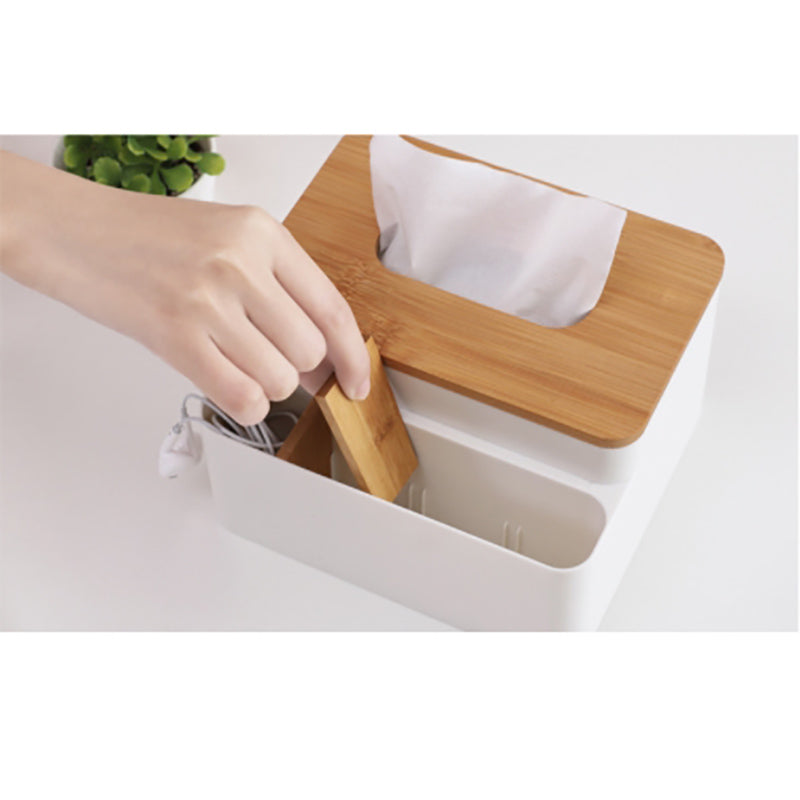 Lecluse Plastic Tissue Box Wood Cover Paper Dispenser Multifunction Large Capaci