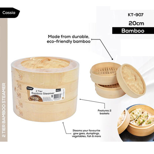 Bamboo Steamer Yumcha Dumpling Round 2 Tier Lid Steam Durable 20cm 25.5cm 28cm