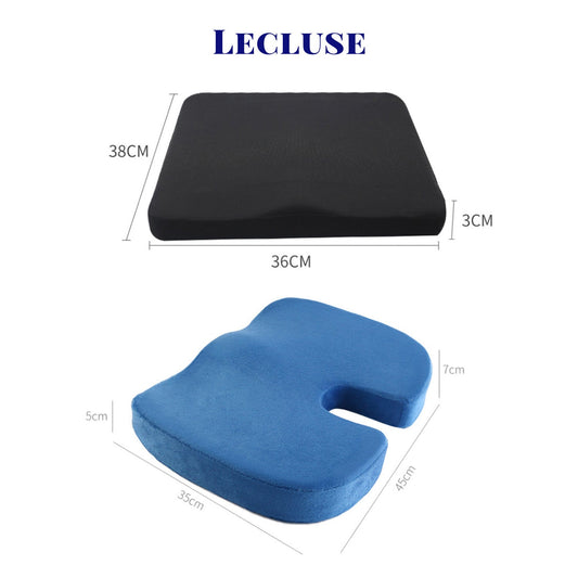 Lecluse 2Pcs Orthopedic Cushion Set Lumbar Support Pillow Memory Foam Chair Pad