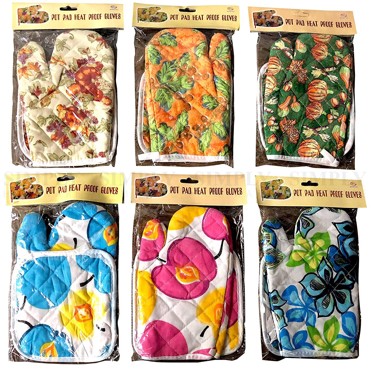 Oven Mitts Gloves Pot Holder Set Heat Proof Resistant BBQ Cooking Double Cotton - Simply Homeware