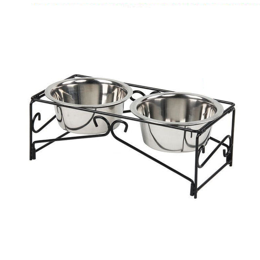 Pet Dog Bowl Metal Luxury Deluxe Stand Diner 3pcs Double Food Water Combo 350mL