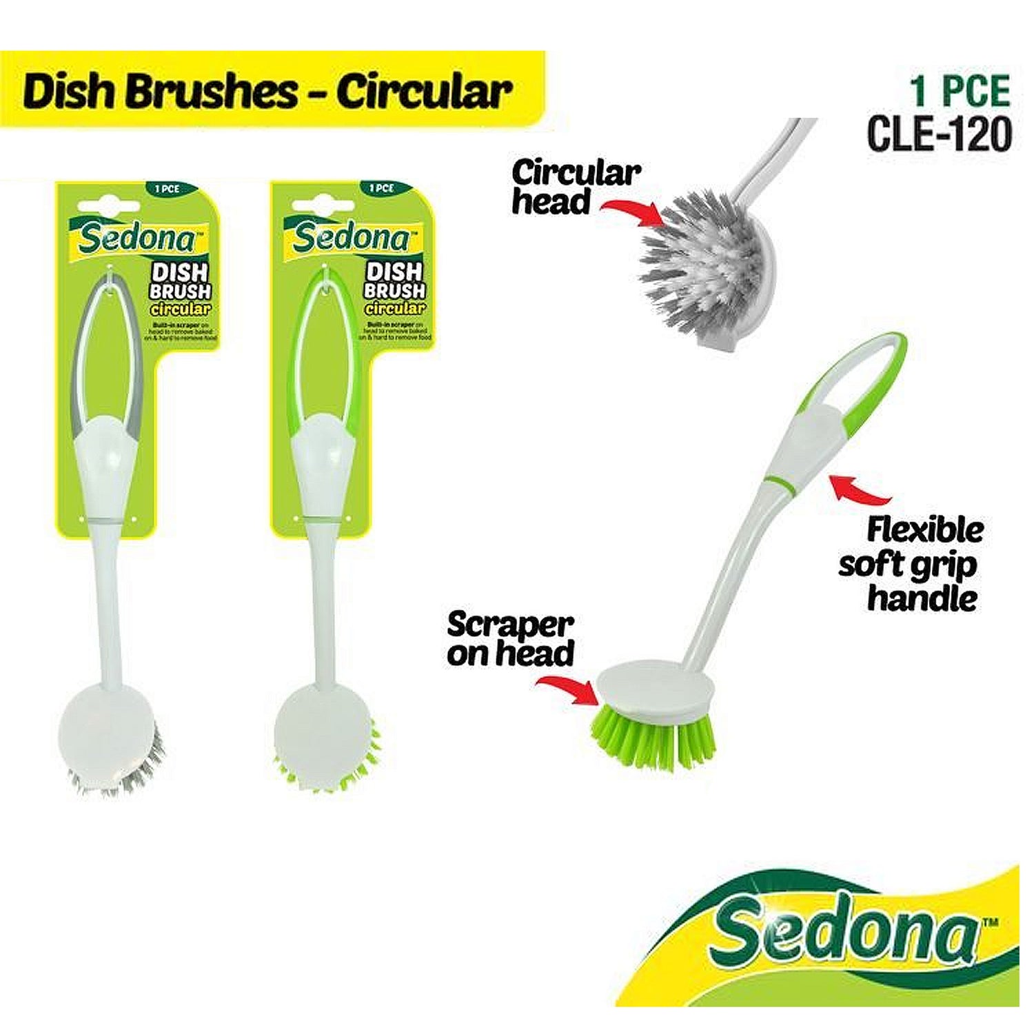 Dish Brush Oblong Circular Small Compact Scraper 2 in 1 Dual Head