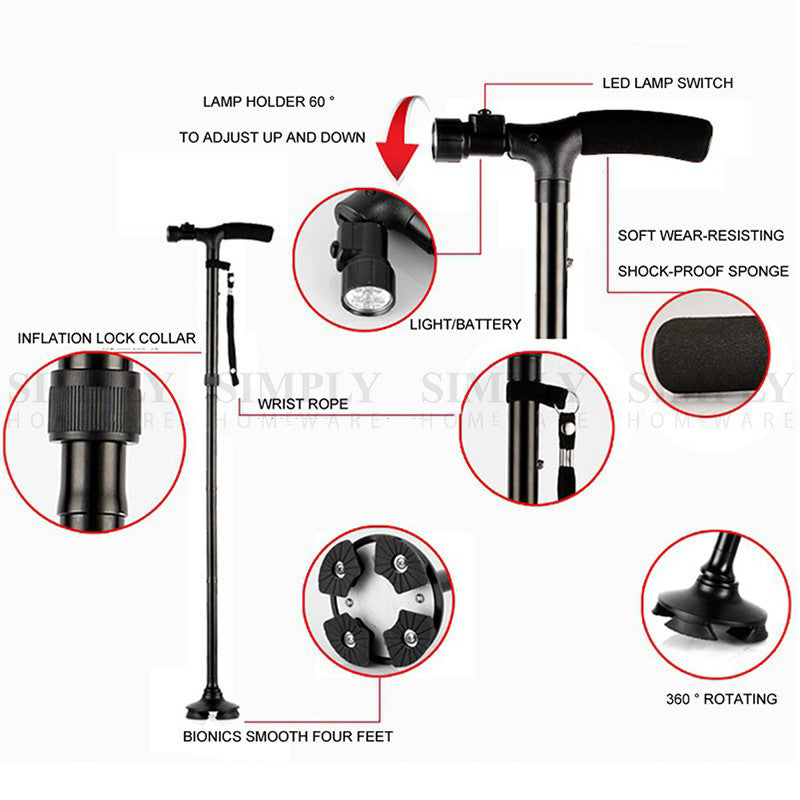 Walking Stick Cane Folding With Light LED Strap Handle Black Metal Adjustable - Simply Homeware