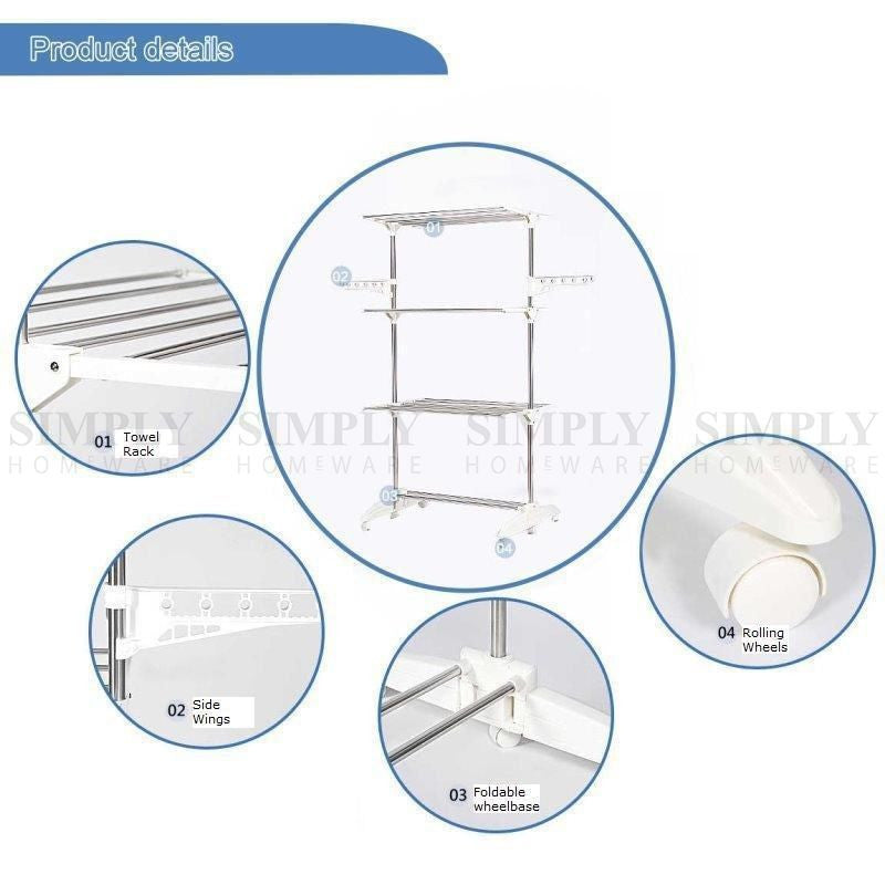 Clothes Line Airer Rack Indoor 3 Tier Steel 20m Drying Space Foldable Portable - Simply Homeware