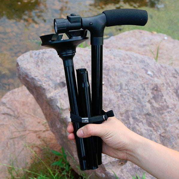 Walking Stick Cane Folding With Light LED Strap Handle Black Metal Adjustable - Simply Homeware
